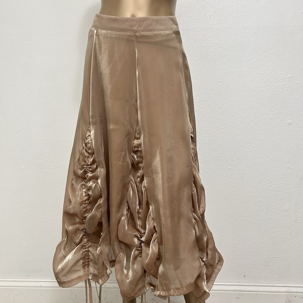Beulah Brown Metallic, Ruched Ruffles Midi Skirt Size S Whimsy, Romantic, Party